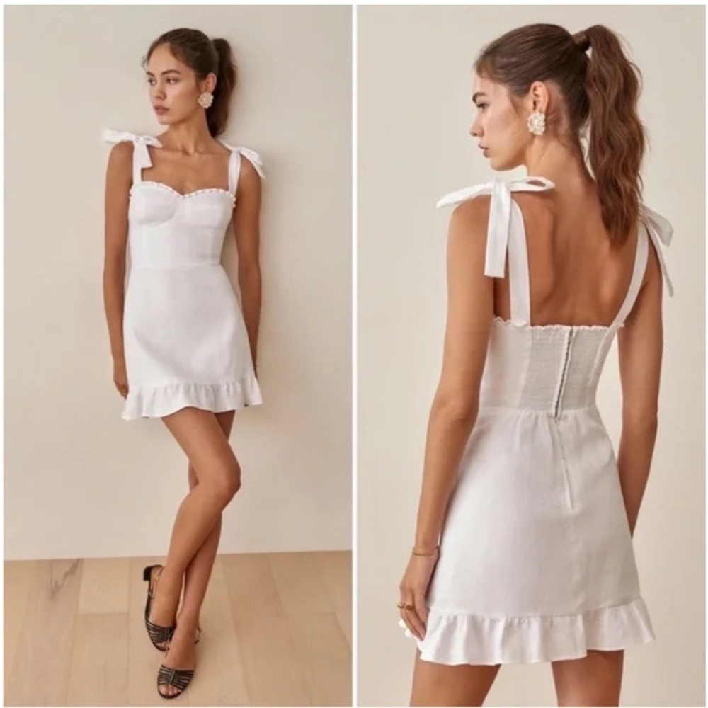Reformation Desiree Linen Mini Dress in White, Tie Straps